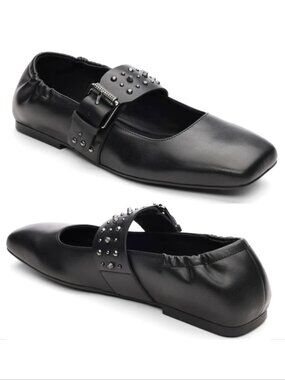 ASH Beverly Mary Jane Flats Size 6.5 7 EU 37 Black Leather Studs Square Toe NEW